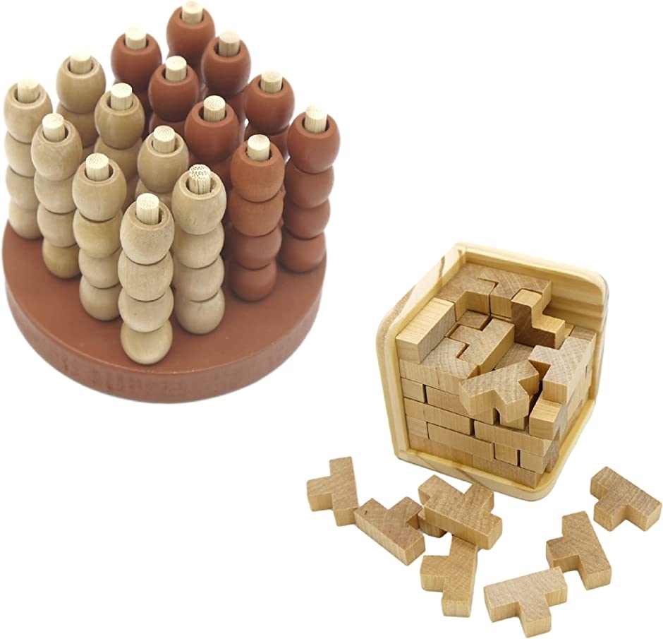 木製 立体パズル Ｔ型 ソーマキューブ と 立体4目並べ 脳トレ 2点セット