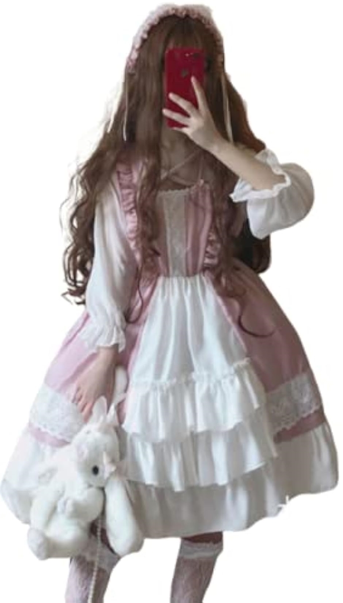 レディレイジー ロリータ 長袖 ワンピース ドレス スカート フリル シンプル ひざ丈(ピンク,  Free Size)