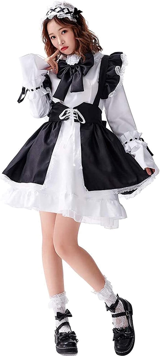 コスプレ メイド 服 かわいい カチューシャ 長袖 6点 セット タトゥーシール 付 レディース( M)