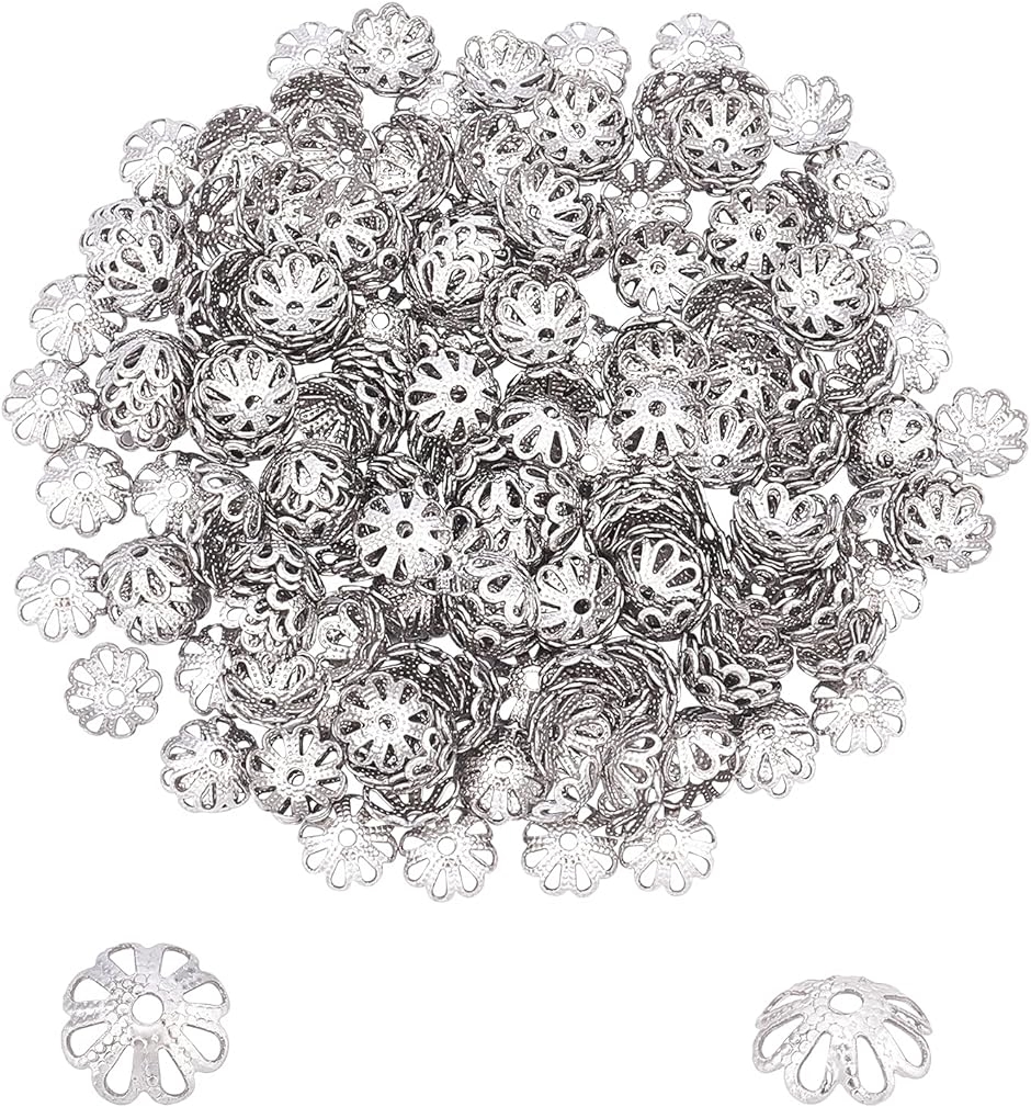 300個 穴1mm 304ステンレス キャップビーズ 花弁キャップ ビーズコーン ハンドメイド( ステンレス色-300個,  長7mm)