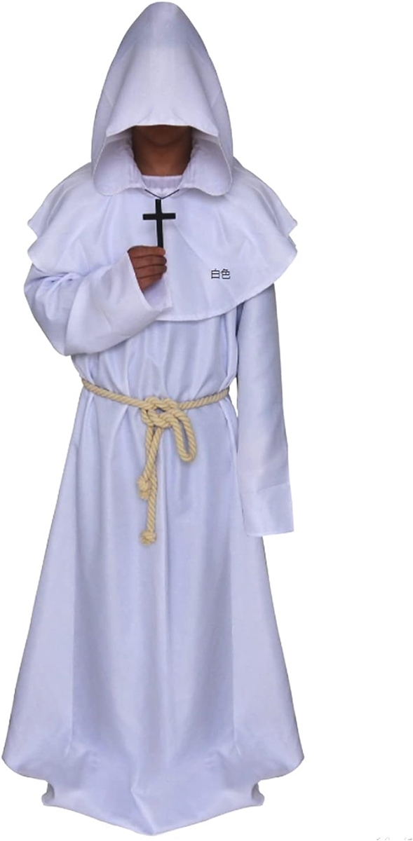ハロウィンコスチューム 中世の修道士コスプレ 男女兼用 魔術師 コスチュームパーティー 仮装 白( 白,  XL)