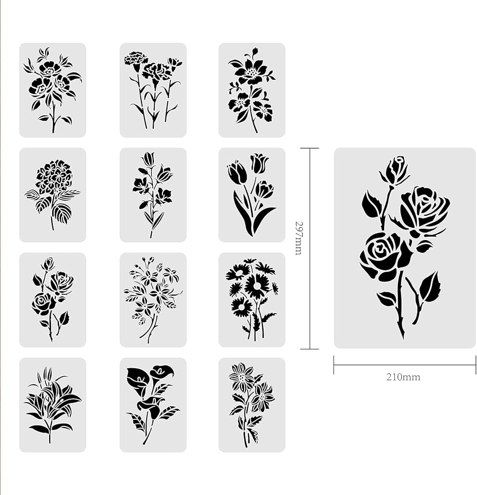 12枚A4サイズ ステンシルシート 花 描画テンプレート プラスチック製 手帳用 絵図 ペイント リサイクル ＃2( 花#2)｜zebrand-shop｜02