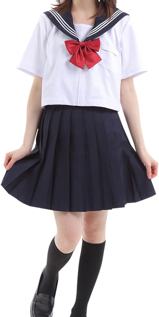 セーラー服 コスプレ 白トップス プリーツスカート スクールリボン 女子高生( 半袖,  XL)