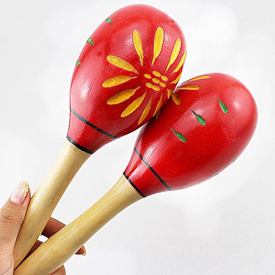 マラカス Maracas ラテンパーカッション 木製 ウッド 打楽器 シェイカー 玉子型 リトミック 吹奏楽( 赤, 24cm)