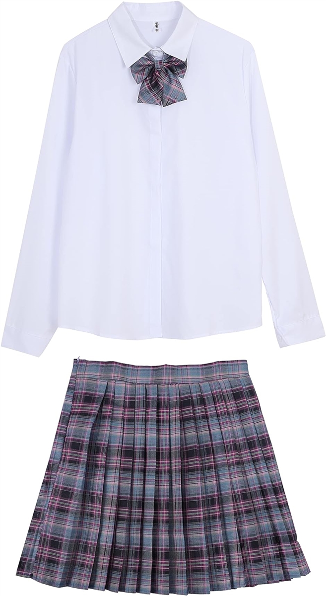 ブラウス リボン スカートセット コスプレ( 長袖ホワイト/水色・ピンク・紫チェック,  4XL)
