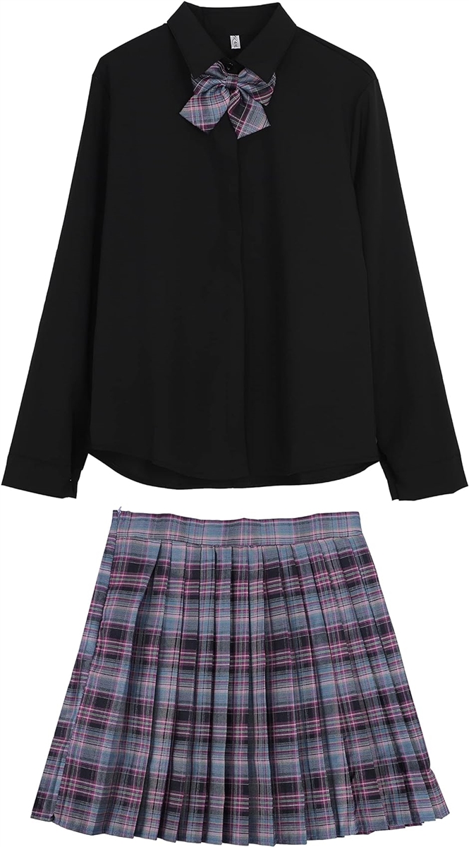 ブラウス リボン スカートセット コスプレ( 長袖ブラック/水色・ピンク・紫チェック,  4XL)
