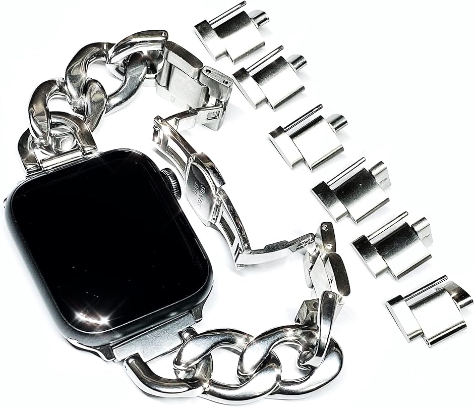 Apple Watch チェーンベルト シルバー/ステンレス コマ調整器不要 バタフライバックル( シルバー,  38/40/41mm)｜zebrand-shop