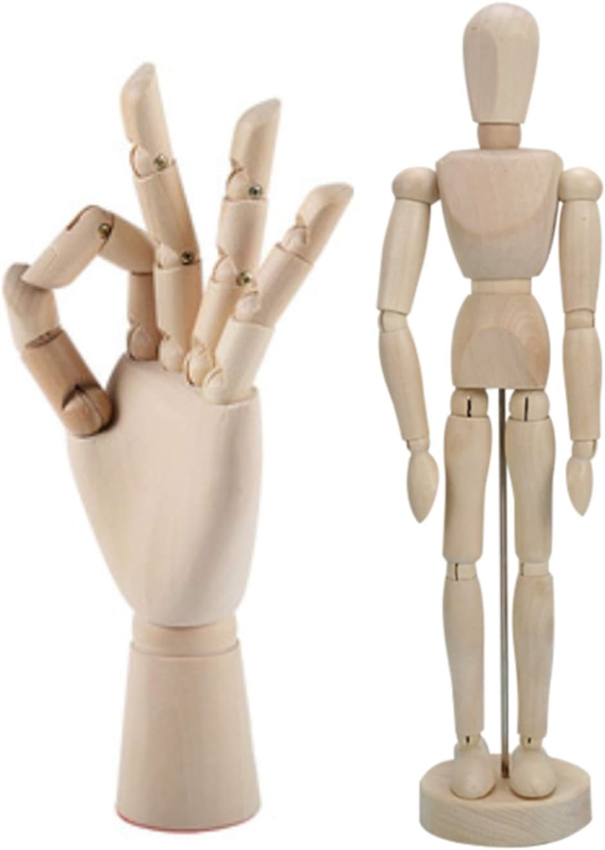 デッサン人形 2点セット 木製 ハンド 左手 マネキン 関節 可動 美術 インテリア アクセサリースタンド 人形x1 + ハンドx1｜zebrand-shop