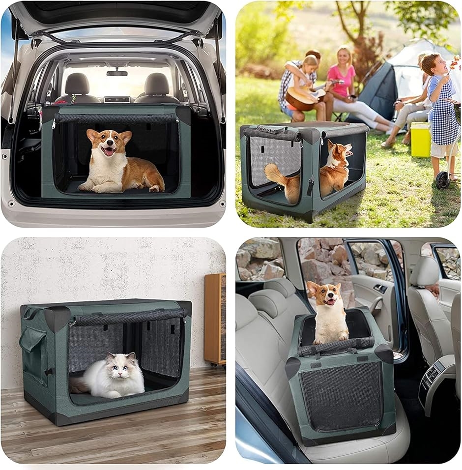 折りたたみペットケージ 犬ケージ 犬用クレート 猫用キャリー カート 持ち手付き 犬猫兼用 MDM(ダークグリーン,  M)の画像