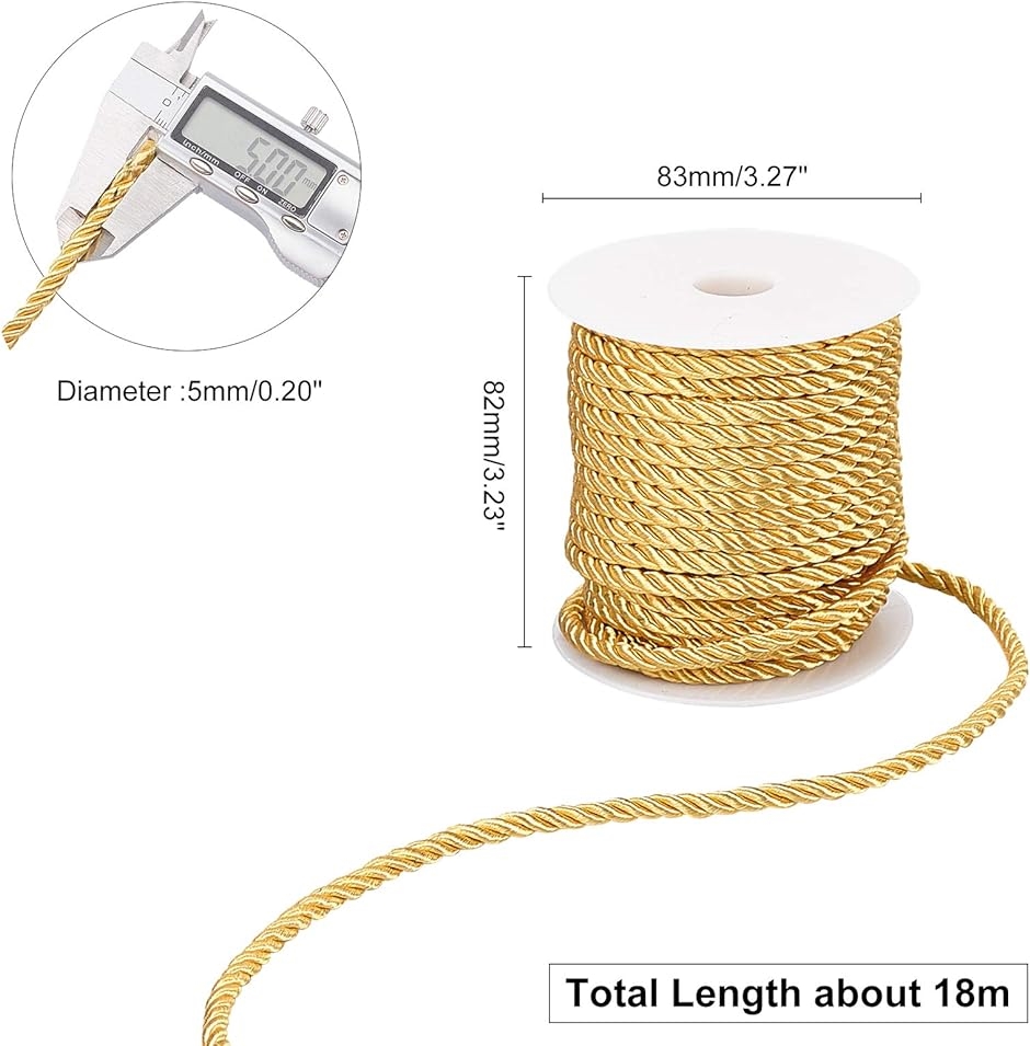 ツイスト ナイロン ロープ 直径約5mm 編みコード レーヨンコード 手芸コード 服飾 ラッピングコード 長さ18m MDM( ゴールド)｜zebrand-shop｜06