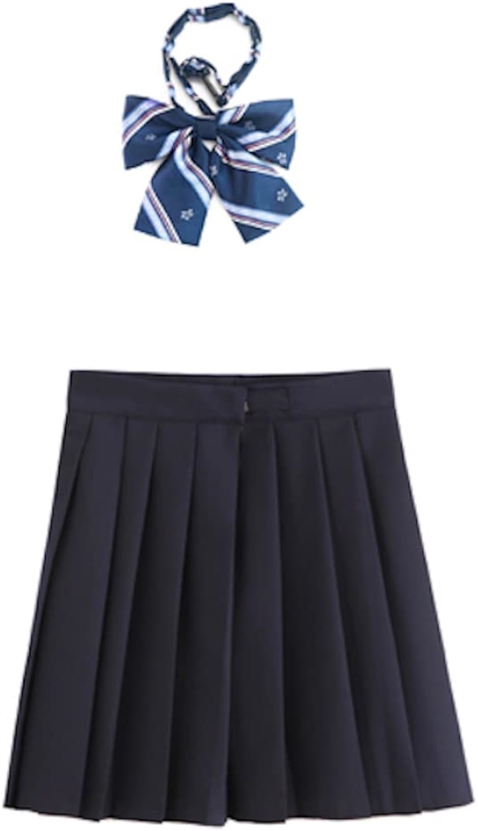 ブラウス リボン スカートセット コスプレ( 長袖ホワイト/ネイビーチェックリボン/紺スカ,  5XL)