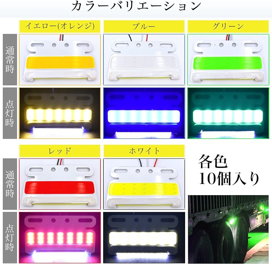 極薄 汎用 サイドマーカー LED 24V COB ダウン アンダー ライト ランプ 路肩灯 ステー 付( グリーン 10個,  小)｜zebrand-shop｜05