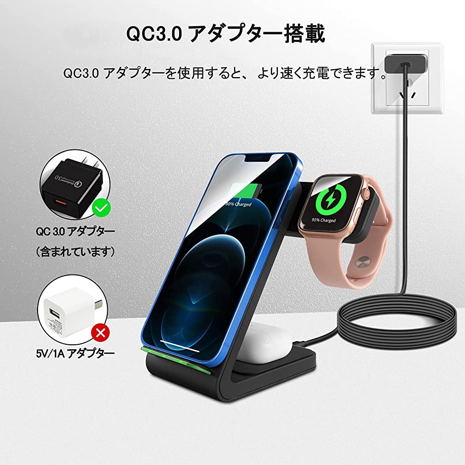 ワイヤレス充電器3in1 15W急速 置くだけ充電 Apple Watch/Airpods充電対応 iphone8 Galaxy MDM(黒)｜zebrand-shop｜03