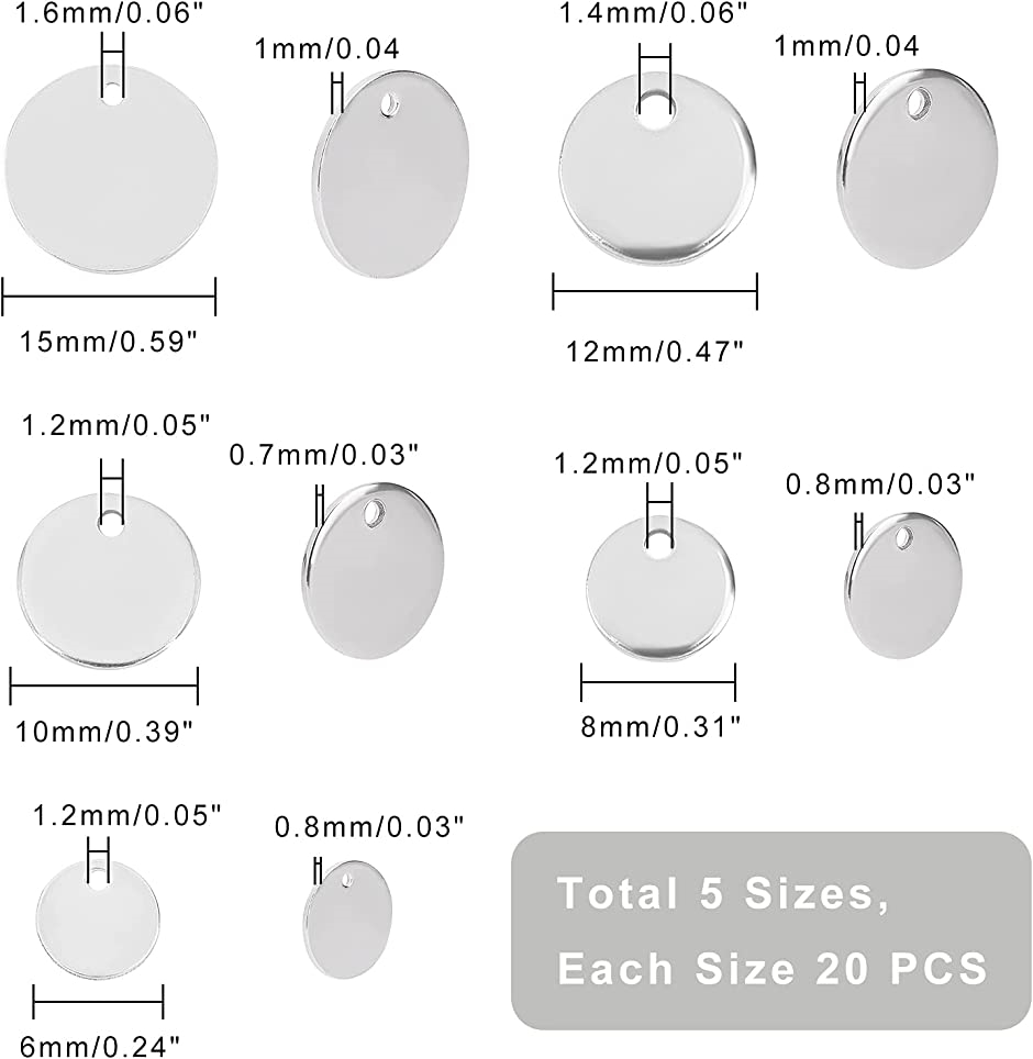 約100個 5種 6/8/10/12mm ラウンドチャーム ステンレスチャーム タグチャーム マルカン付き MDM｜zebrand-shop｜04