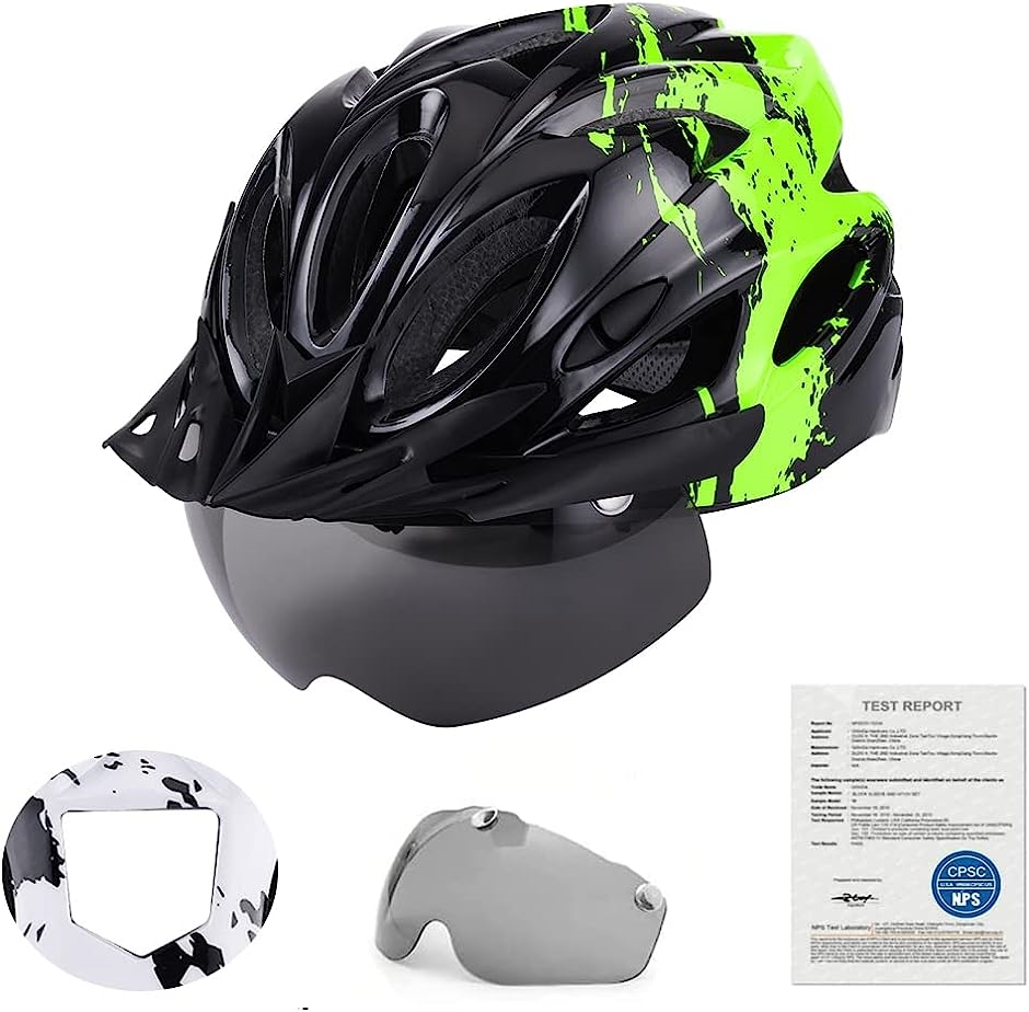 ISAK 自転車 ヘルメット 大人 LEDライト 磁気ゴーグル付 ロードバイク CPSC認定済み 軽量( BlackGreen)｜zebrand-shop