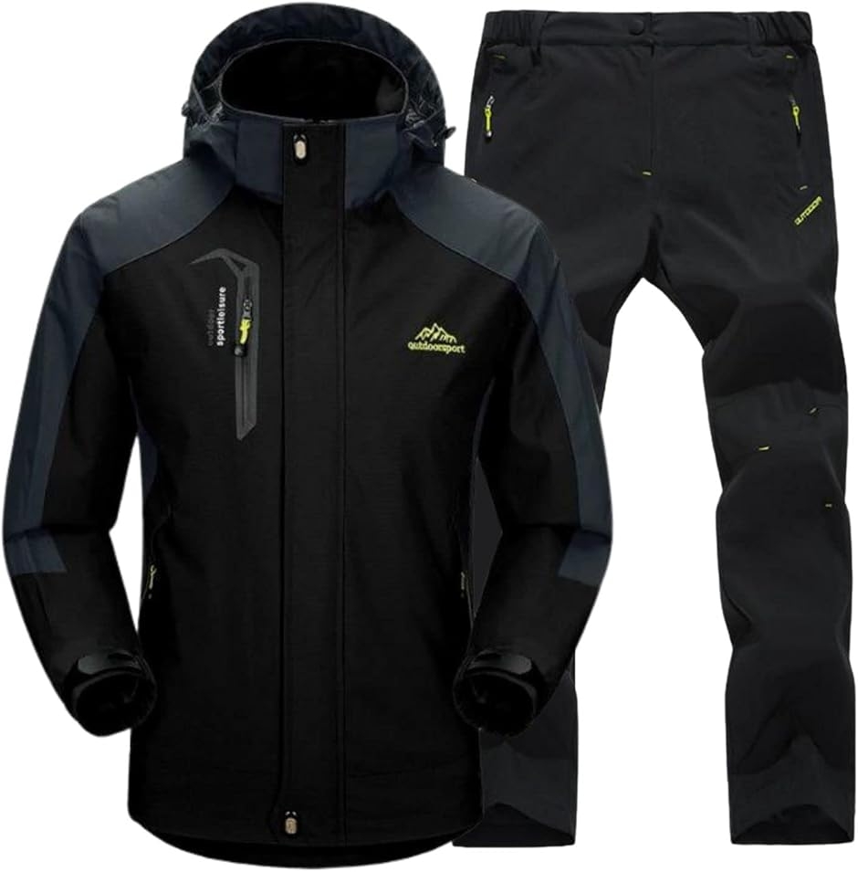 アウトドアジャケット 上下セット メンズ ウェア 登山服 マウンテンパーカー 多機能 防寒 防風 撥水 (ブラック,  2XL)