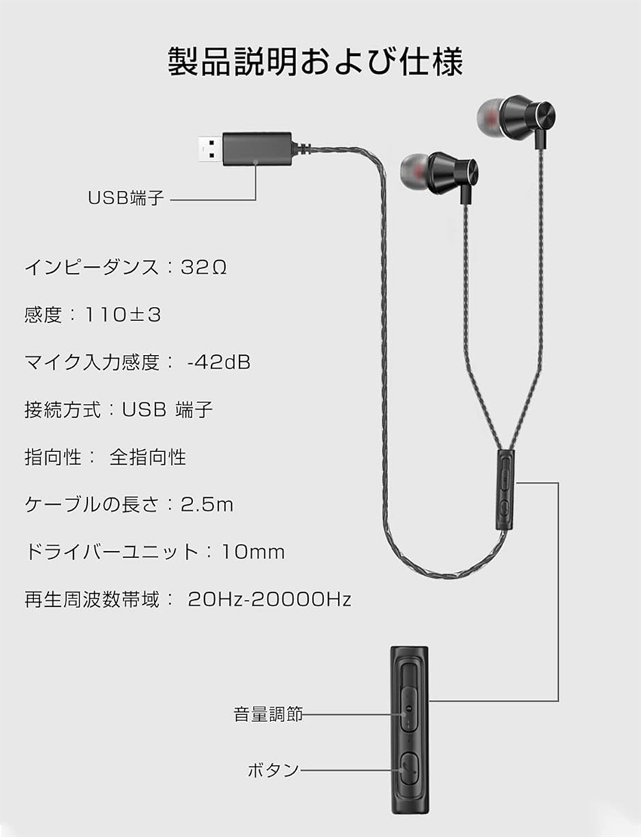 PLAYMM パソコンイヤホン USBヘッドセット PC用 マイク付きイヤホン 有線 軽量 音量調節( ブラック)｜zebrand-shop｜07