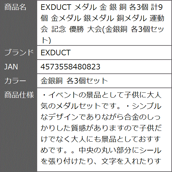 【Yahoo!ランキング1位入賞】メダル 金 銀 銅 各3個 計9個 金メダル 銀メダル 銅メダル 運動会( 金銀銅 各3個セット)｜zebrand-shop｜10