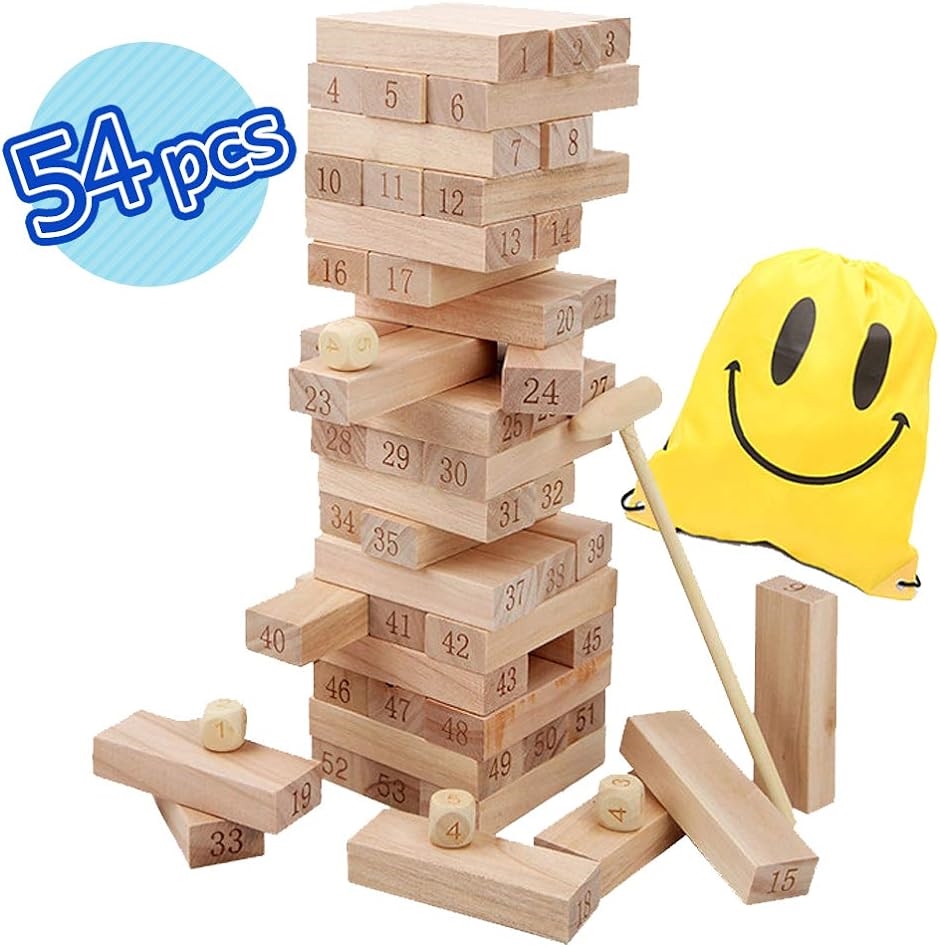 バランス ゲーム 54ピース 木製 タワー ドミノ 積み木 知育玩具 大人も子供も一緒に楽しめる サイコロ ハンマー( ナチュラル)