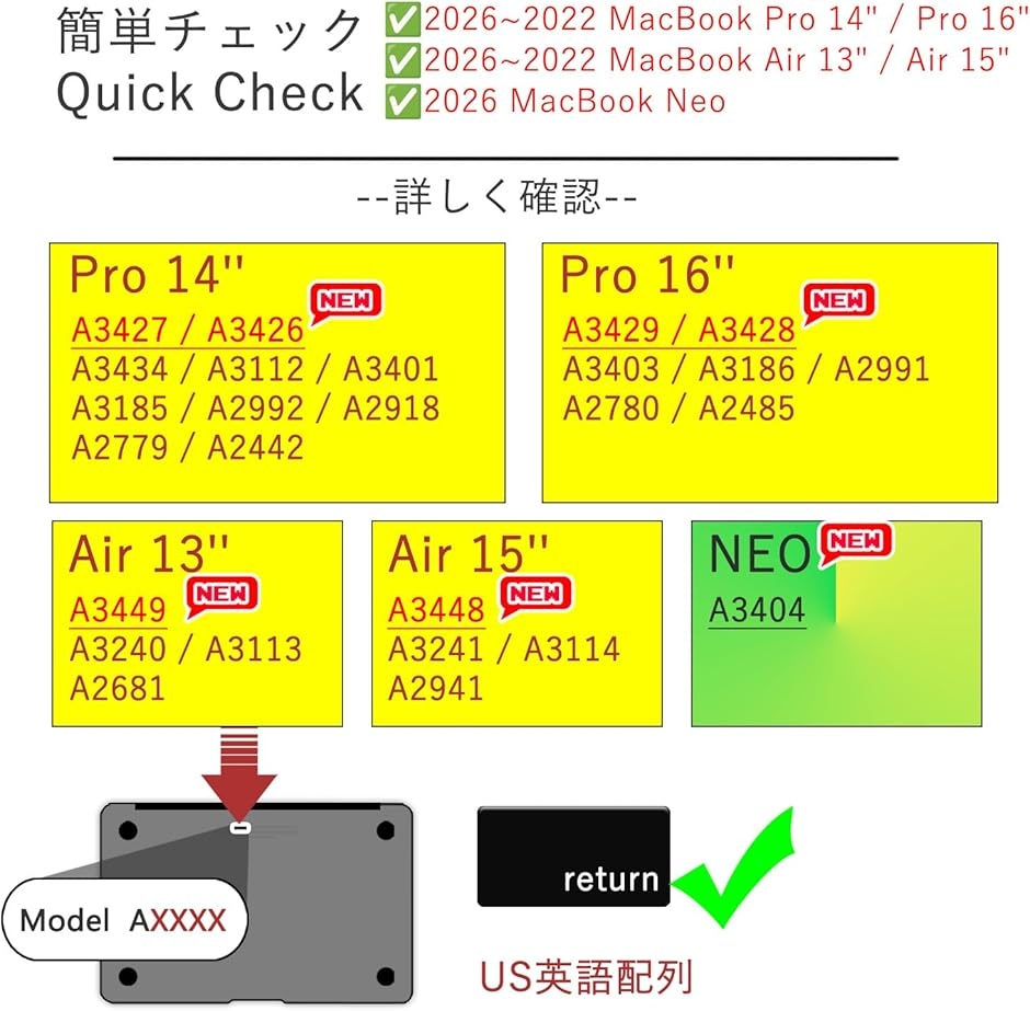 US英語配列 2026〜2022 MacBook Air 13/15 Pro 14/16 NEO - MDM (透明