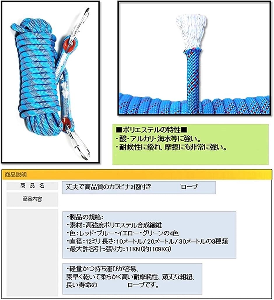 直径 12mm 多目的 ロープ キャンプ アウトドア 引越し 荷物の吊上げ 防災道具 車の牽引 ボート 等( ブルー,  20m)｜zebrand-shop｜03