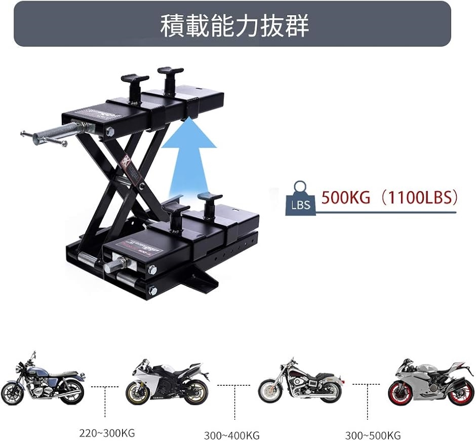 バイクジャッキ バイクリフト リフトジャッキ 耐荷重500kg 安全ストッパー付き アタッチメント付き ハンドル付き MDM( ブラック) | ブランド登録なし | 04