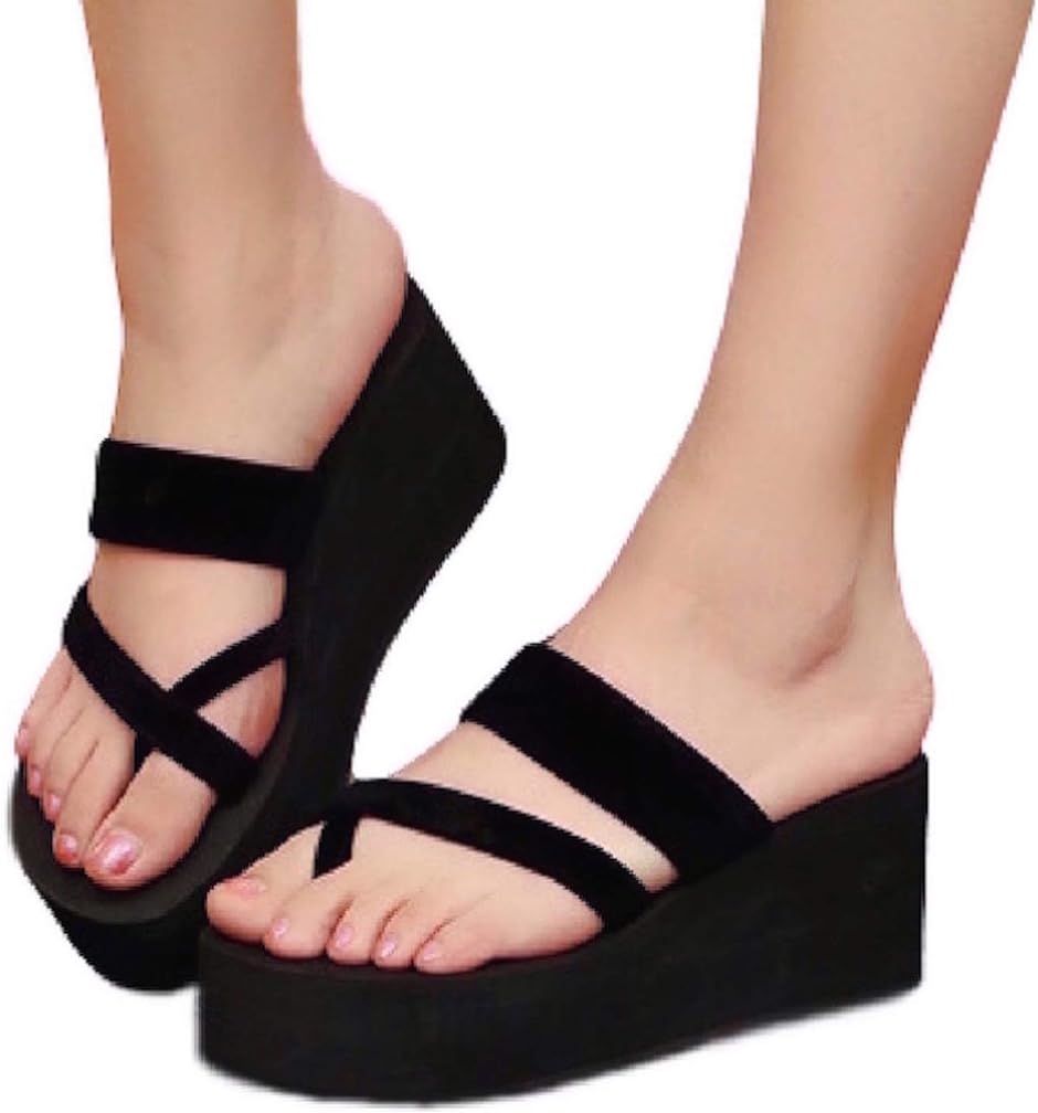 厚底 サンダル 軽量 シンプル ビーチサンダル 靴 レディース ヒール ウェッジ ソール 歩きやすい( ブラック,  22.5 cm)｜zebrand-shop