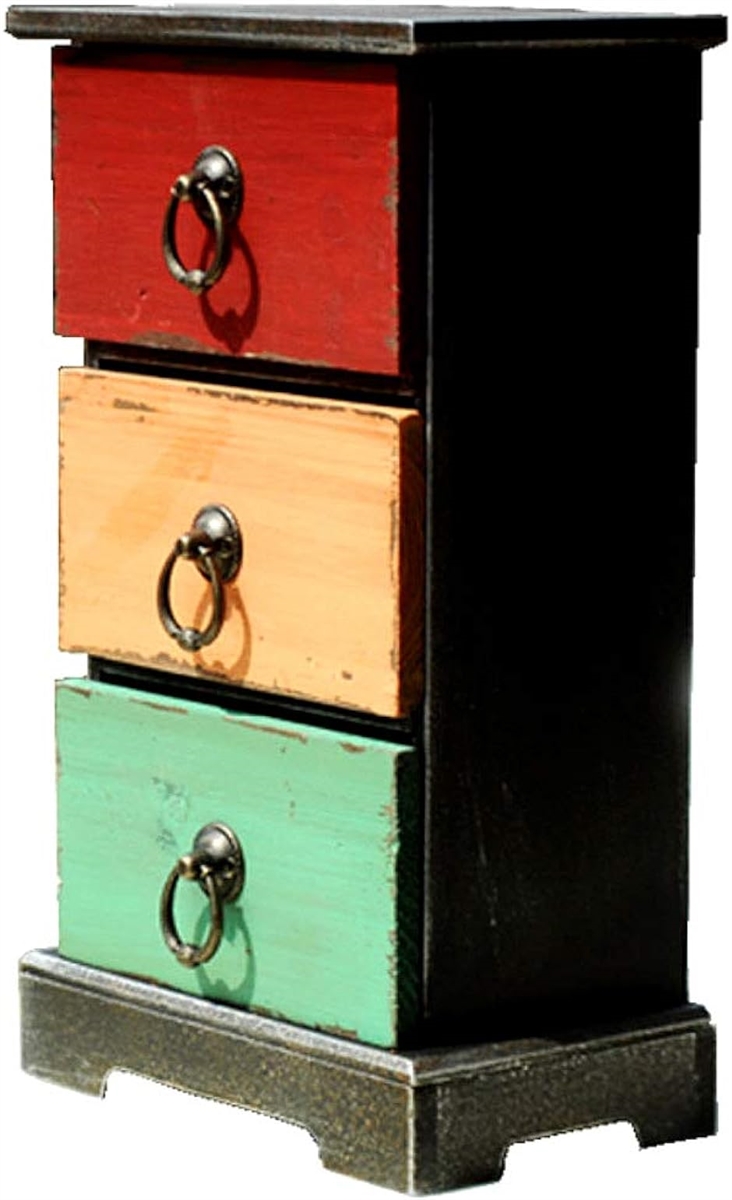 木製 アンティーク調 チェスト 3段 マルチ収納 小物入れ 引き出し ビンテージ風 レトロ ミニ 書類 ケース ボックス( ブラック)