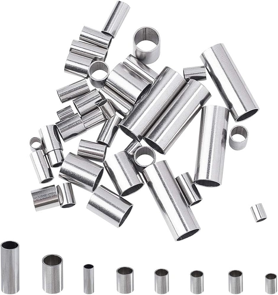 40個 8サイズ 5〜25mm チューブビーズ 304ステンレス製ビーズ 管状ビーズ(ステンレススチール色#4,  40個-8種サイズ)