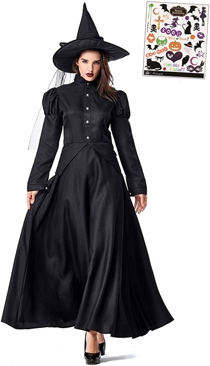 魔女 クラシカル 本格 コスプレ ロングスカート ブラック ドレス 黒魔女 ハロウィン 魔法使い ウィッチ 魔女の帽子( 黒,  XL)
