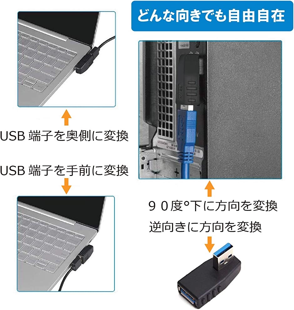 USB 3.0 直角 90度 L字型 方向変換アダプター オスxメス 高速 5Gbps 4タイプ1セット 右向き/左向き/上向き/下向き｜zebrand-shop｜03