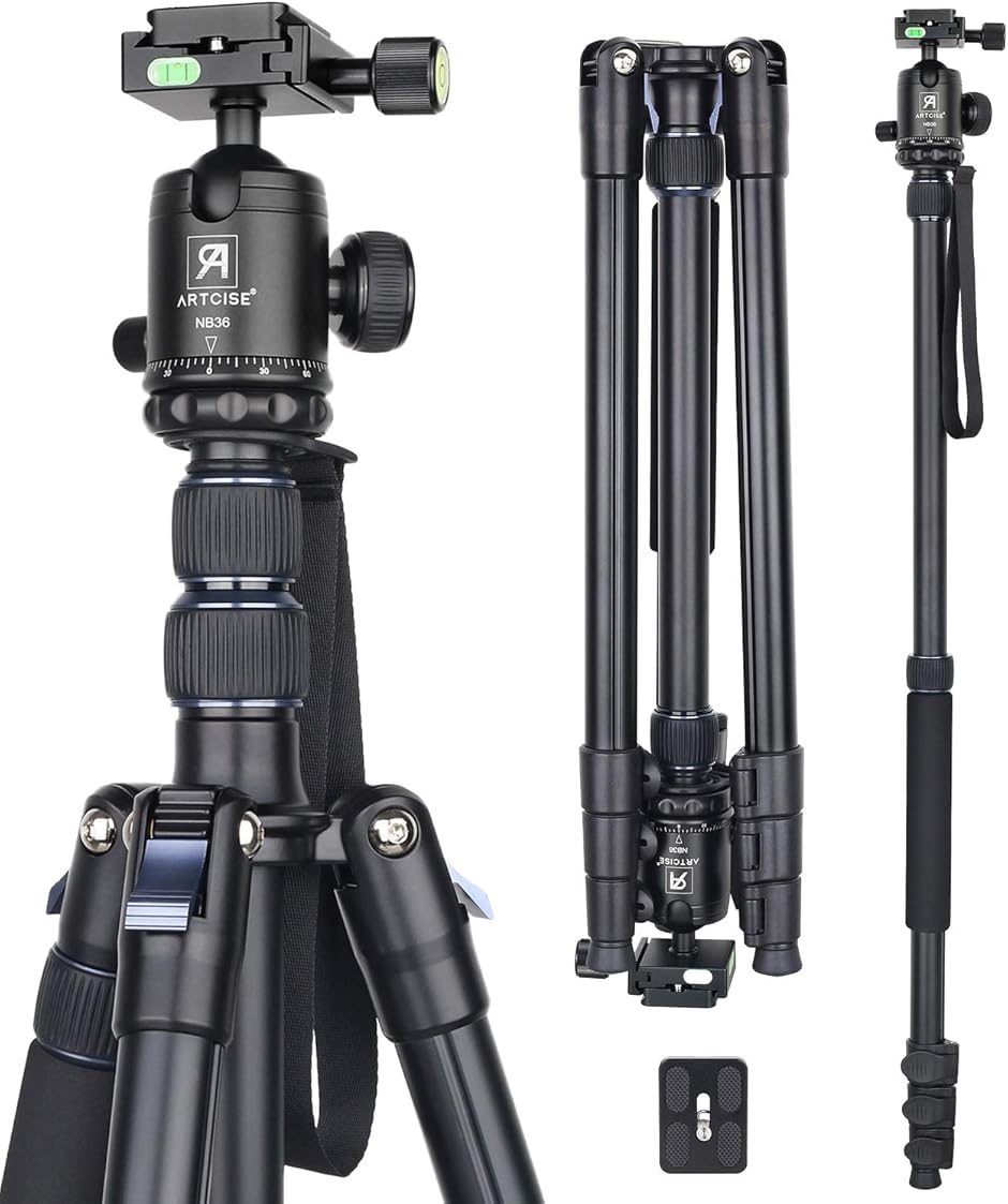 コンパクトアルミ 三脚 全伸高 209.8cm トラベル 一脚伸縮可変式 レバーロック Tripod 軽量 合金 ビデオ MDM( ブラック)