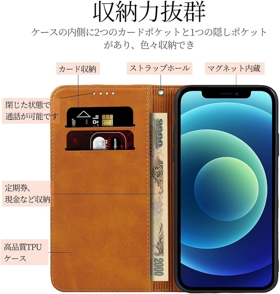 iPhone 12 mini ケース 手帳型 ストラップ付き MDM( ブラウン,  iPhone 12 mini)｜zebrand-shop｜03