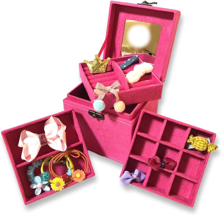 全3色 子供用 アクセサリー ケース 3段 ジュエリー ボックス 女の子 鏡付き おもちゃ 宝石箱( チェリーピンク・アクセサリー付)