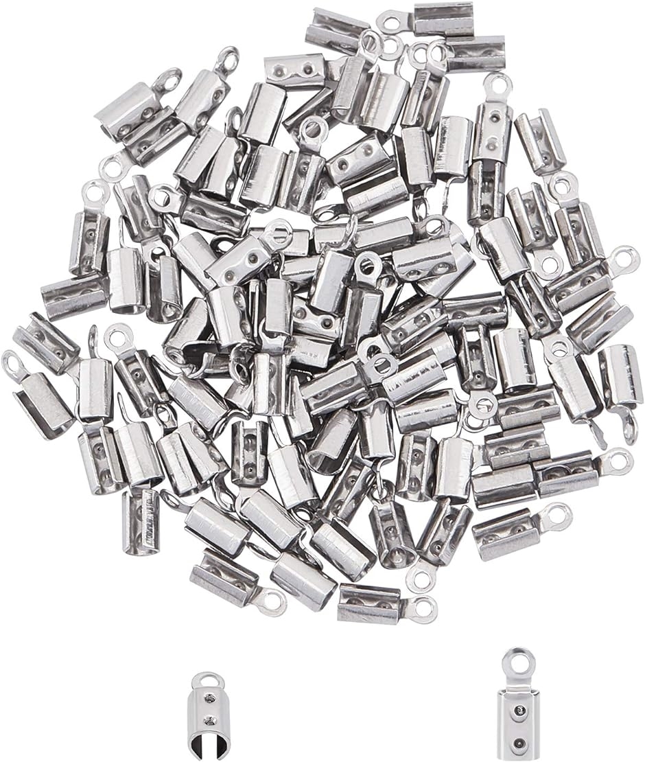 約100個 ステンレス エンドパーツ 304ステンレス エンドビーズ キット クリンプエンド MDM( ステンレス色-100個,  幅3mm)