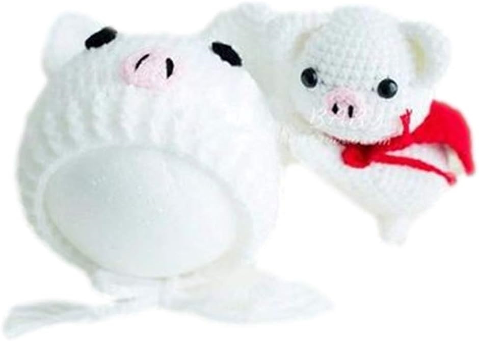 ニューボーンフォト 衣装 小物 豚 ニット帽子 2点セット 白色 0-3ヶ月用 月齢フォト 着ぐるみ ベビー( ホワイト 2点)｜zebrand-shop