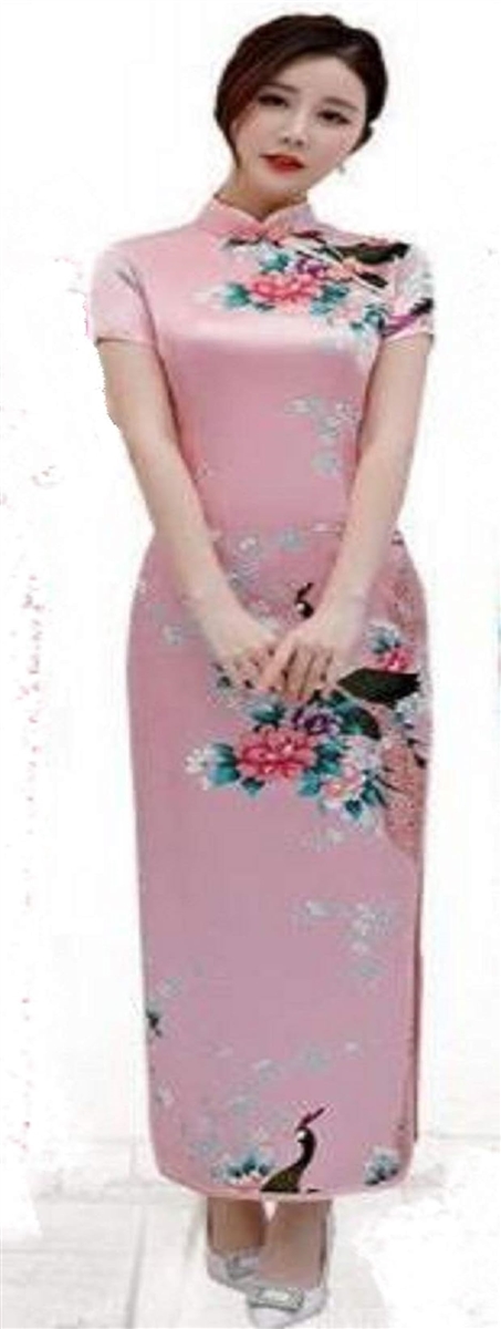 美々杏ロング丈 チャイナドレス サテン つるつる 孔雀と牡丹模様 舞台衣装( ピンク,  XXL)