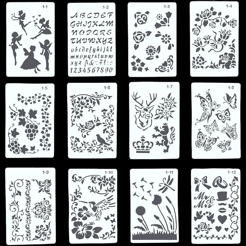 ステンシルシート 12枚組 手帳 テンプレート ステンシルプレート 数字 文字 描画( 花柄模様)｜zebrand-shop