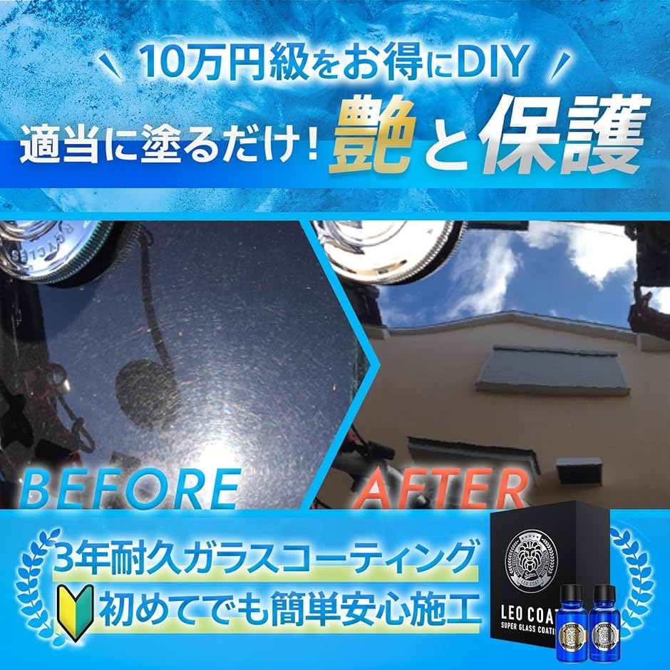 車用ガラスコーティング 日本製 親水＋撥水の滑水2層コート 艶と光沢で