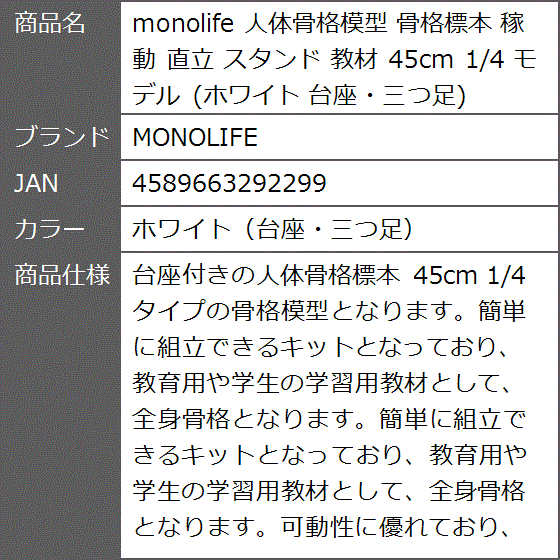 人体骨格模型 骨格標本 稼動 直立 スタンド 教材 45cm 1/4 モデル ホワイト 台座・三つ足( ホワイト（台座・三つ足）) :  2b80tgp02k : ゼブランドショップ - 通販 - Yahoo!ショッピング