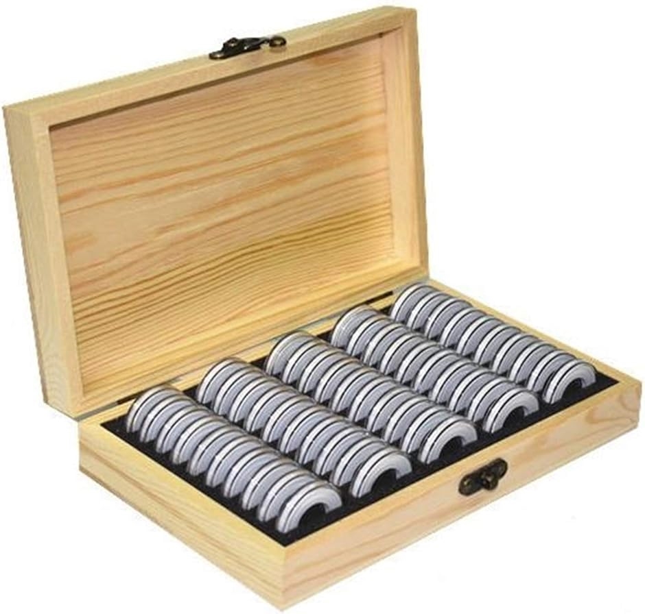 木製 コイン コレクション ケース 径5種対応 ボックス 硬貨 記念 収納 コインカプセル付き( 50枚)｜zebrand-shop