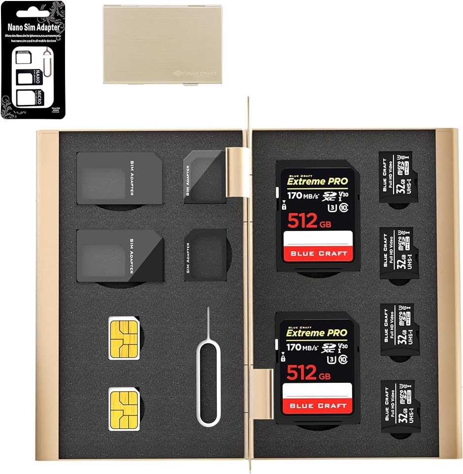 BLUECRAFT SIM・SDカード収納 アルミ両面タイプ 最大12枚収納 SIM2枚 microSIM2枚 SD2枚( ゴールド)｜zebrand-shop
