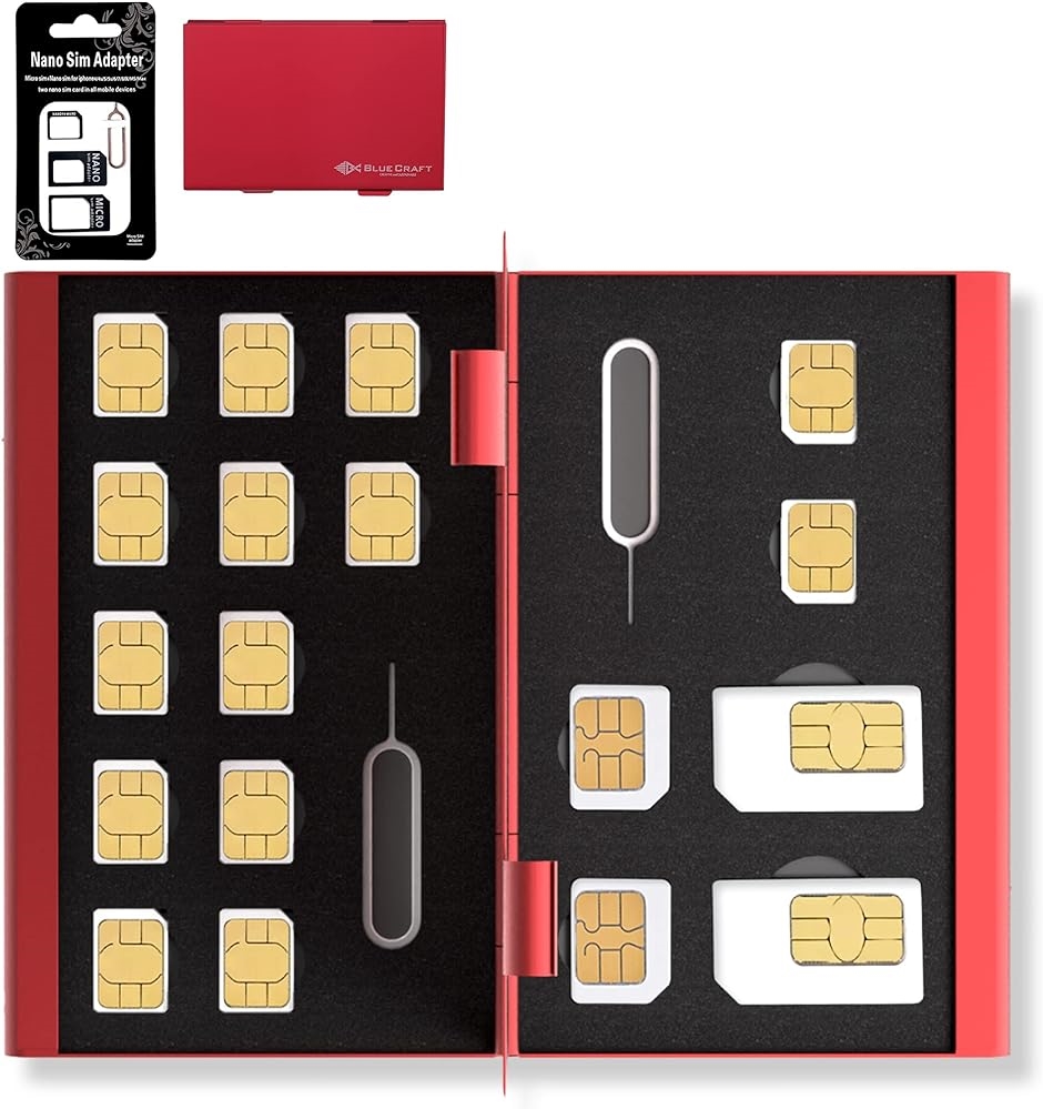 BLUECRAFT SIMカードケース 最大18枚収納 2枚 microSIM nanoSIM 14枚 アルミ両面タイプ( レッド)