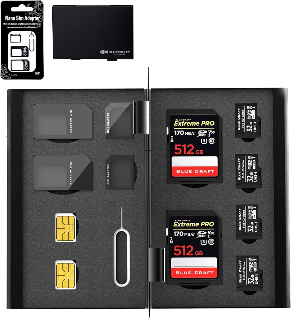 BLUECRAFT SIM・SDカード収納 アルミ両面タイプ 最大12枚収納 SIM2枚 microSIM2枚 SD2枚( ブラック)｜zebrand-shop