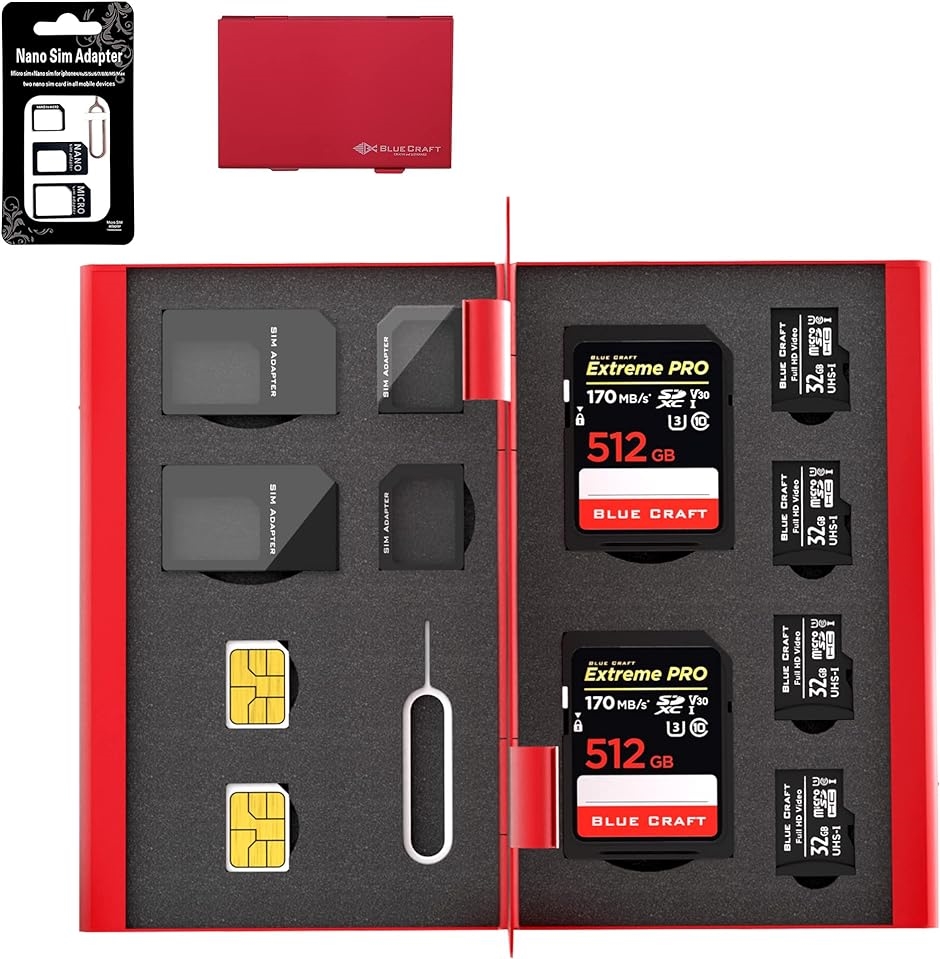 BLUECRAFT SIM・SDカード収納 アルミ両面タイプ 最大12枚収納 SIM2枚 microSIM2枚 SD2枚 +( レッド)｜zebrand-shop