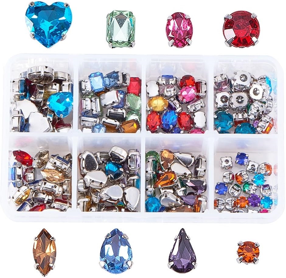 約160個セット 8種 アクリル ラインストーン 台座付き 4爪 ビーズ アクセサリーパーツ ジュエリー DIY用品(5〜10mm)