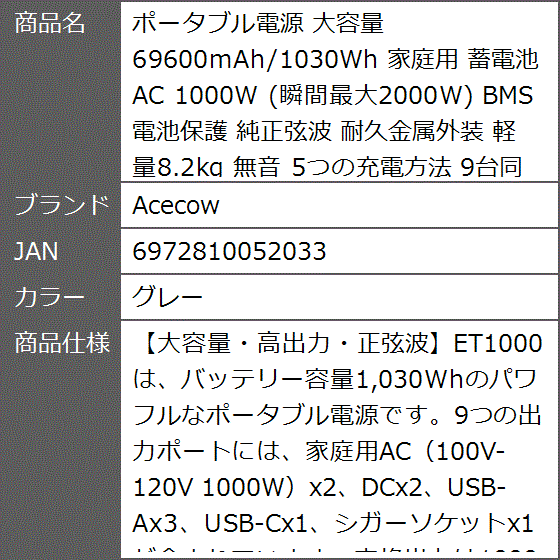 ポータブル電源 大容量 69600mAh/1030Wh 家庭用 蓄電池 AC 1000W 瞬間最大2000W BMS電池保護( グレー)｜zebrand-shop｜09