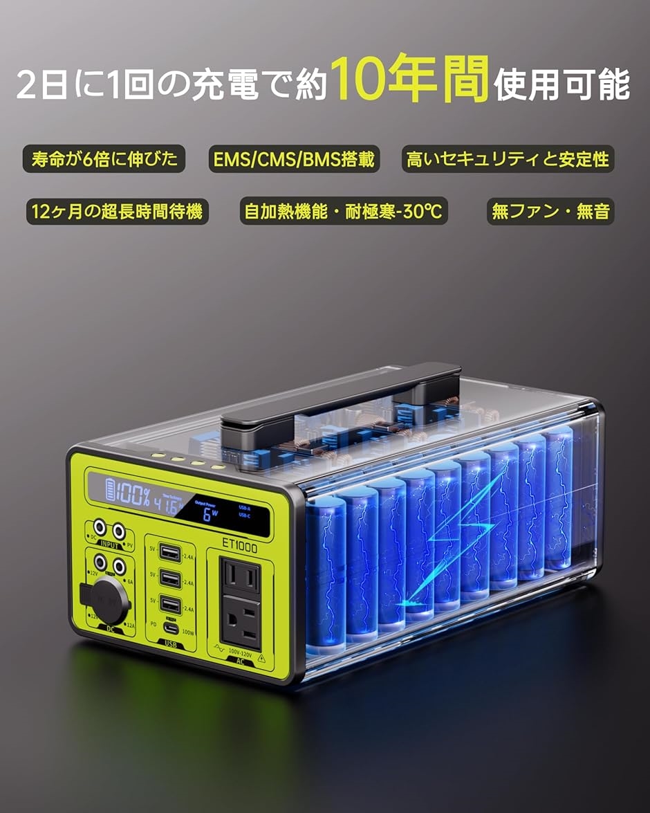 ポータブル電源 大容量 69600mAh/1030Wh 家庭用 蓄電池 AC 1000W 瞬間最大2000W BMS電池保護( グレー)