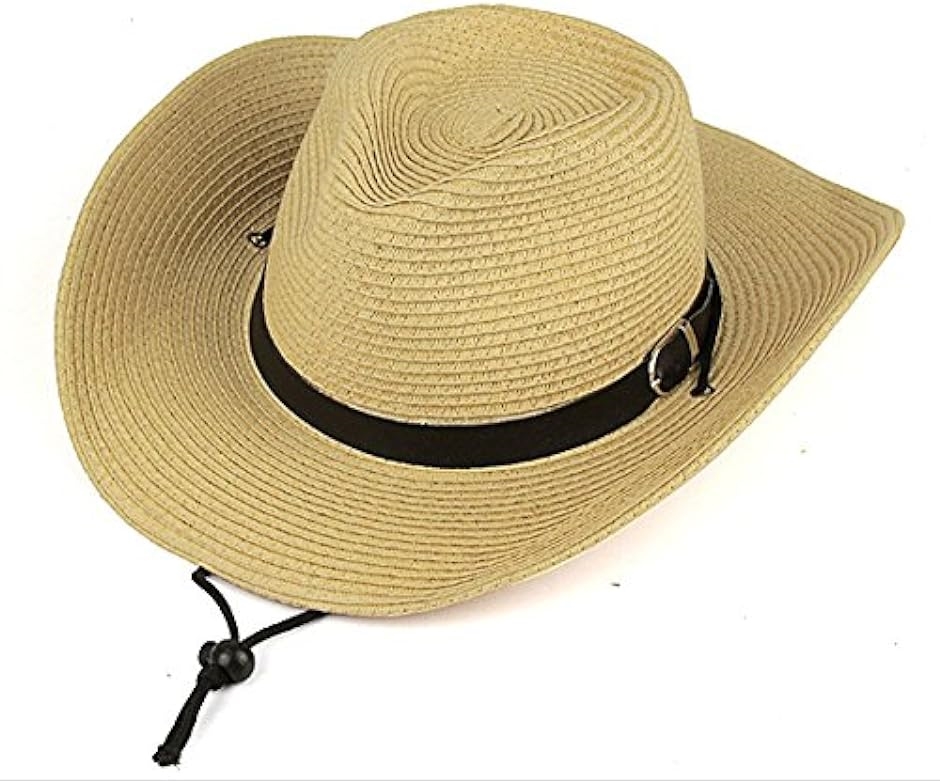メンズ 帽子 カウボーイハット ストローハット つば広 中折れハット 紐付き 折りたためる 麦わら帽子( ベージュ)｜zebrand-shop