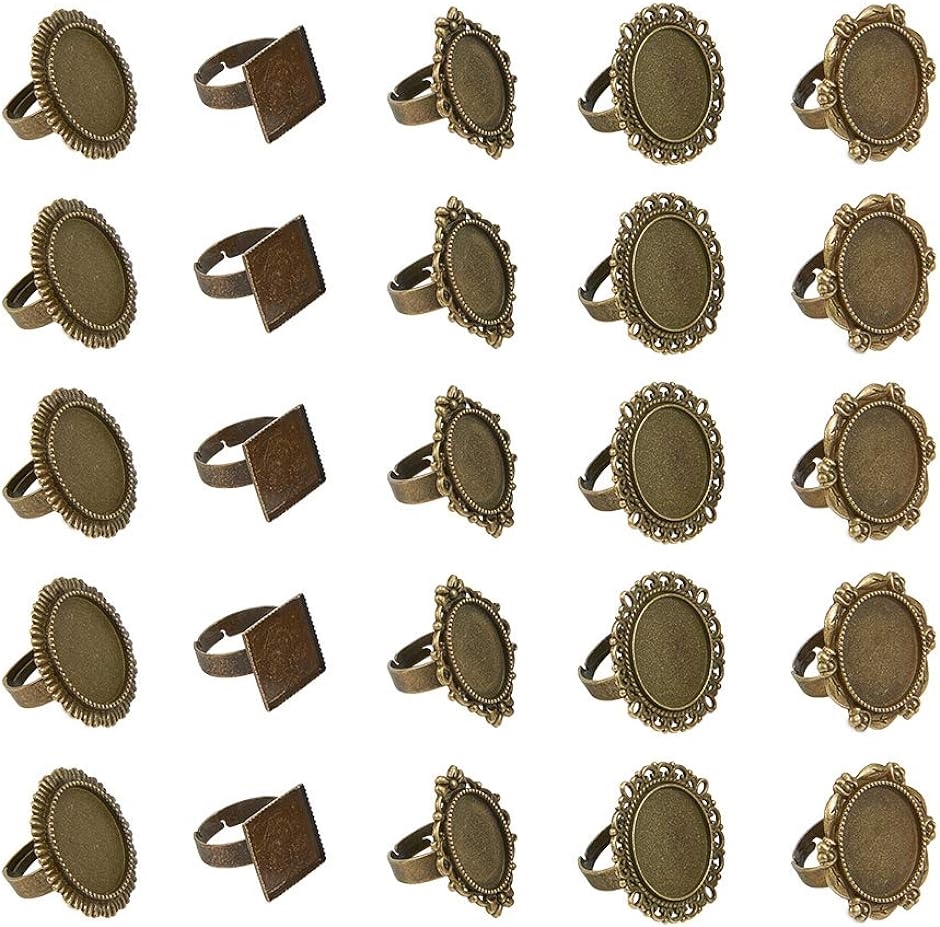 約50個/箱 5種 鉄製 指輪 リング ミール皿 リング台 指輪パーツ チャーム カメオ台 レジン台( アンティークブラウン(5種))｜zebrand-shop